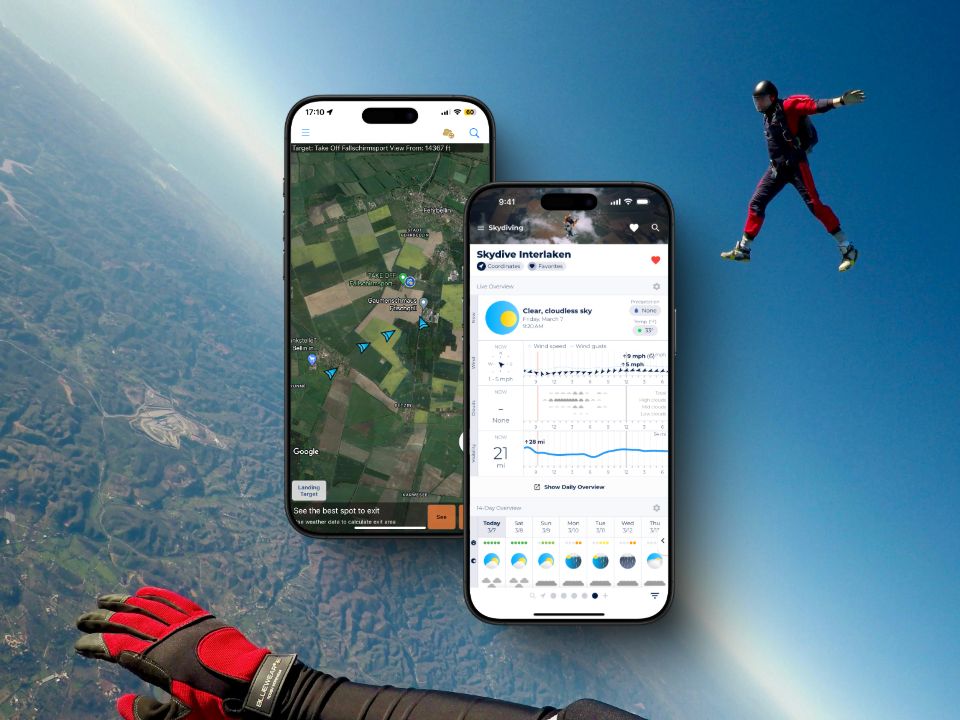Two smartphone screens displaying skydiving apps against an aerial background view. Left screen shows a map with landing target and parachute exit point. Right screen shows weather conditions for Skydive Interlaken. A skydiver in red and black suit is visible in the upper right, and a gloved hand appears in the lower left.