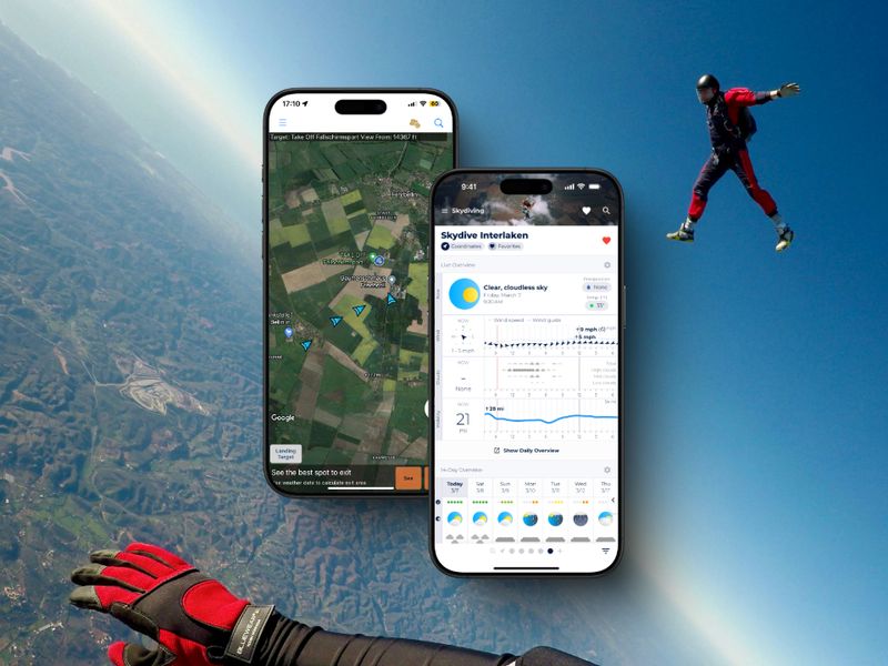Two smartphone screens displaying skydiving apps against an aerial background view. Left screen shows a map with landing target and parachute exit point. Right screen shows weather conditions for Skydive Interlaken. A skydiver in red and black suit is visible in the upper right, and a gloved hand appears in the lower left.