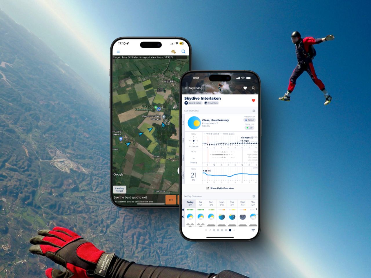 Two smartphone screens displaying skydiving apps against an aerial background view. Left screen shows a map with landing target and parachute exit point. Right screen shows weather conditions for Skydive Interlaken. A skydiver in red and black suit is visible in the upper right, and a gloved hand appears in the lower left.