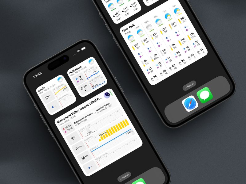 Two smartphones displaying Sonuby's new weather widgets showing forecasts, temperature charts, precipitation data, and detailed meteorological information for locations including Berlin and New York.