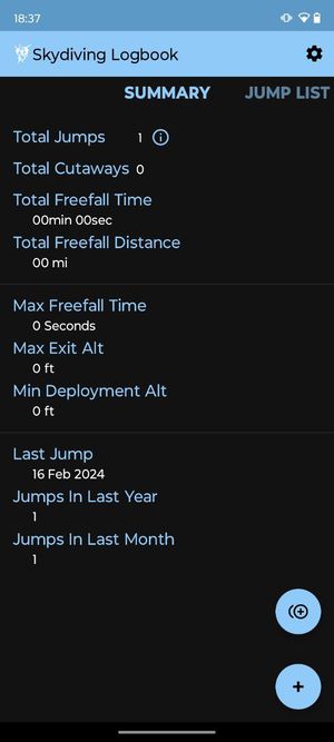 Screenshot of the Skydive Logbook app showing summary statistics including 1 total jump, 0 cutaways, 0 minutes of freefall time, and a last jump date of February 16, 2024.