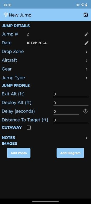 Screenshot of a "New Jump" entry form in the Skydive Logbook app showing jump details including jump #2, date February 16, 2024, with empty fields for exit altitude, deployment altitude, and other jump metrics.