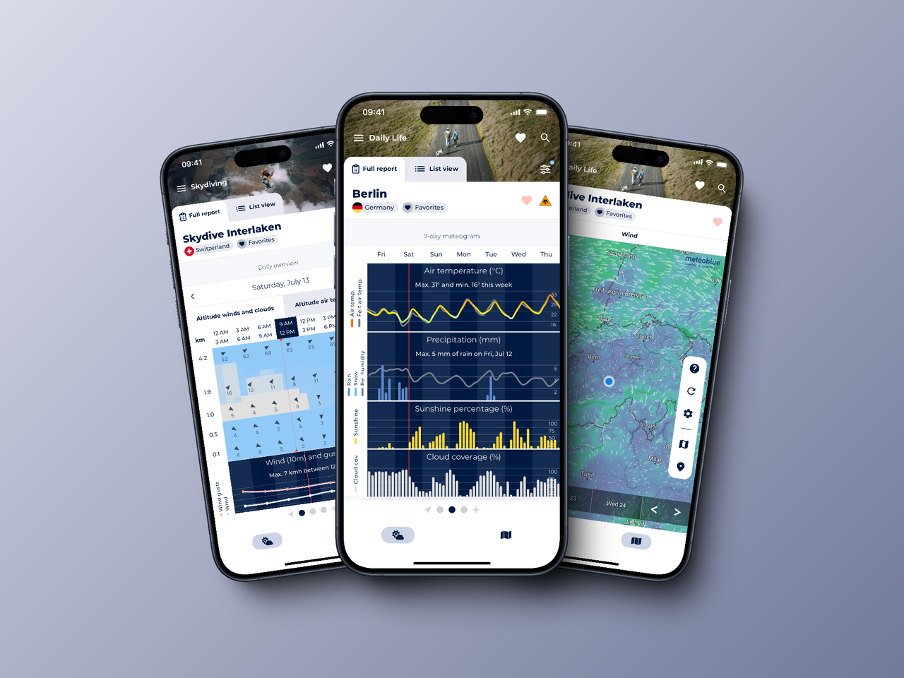Two smartphone screens showing the new Sonuby 2.0 weather app interface. The left screen displays a weather forecast for Skydive Interlaken with current temperature of 7°C and a weekly forecast. The right screen shows a weather map view of the Interlaken region with geographical features and weather data overlaid.