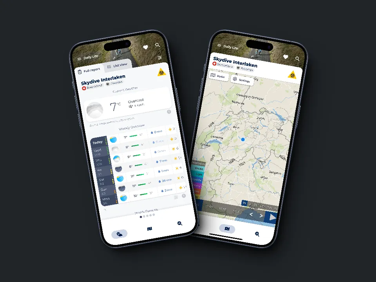 Two smartphone screens showing the new Sonuby 2.0 weather app interface. The left screen displays a weather forecast for Skydive Interlaken with current temperature of 7°C and a weekly forecast. The right screen shows a weather map view of the Interlaken region with geographical features and weather data overlaid.