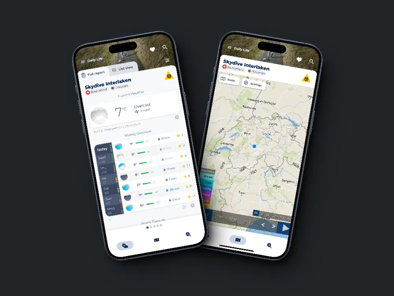 Two smartphone screens showing the new Sonuby 2.0 weather app interface. The left screen displays a weather forecast for Skydive Interlaken with current temperature of 7°C and a weekly forecast. The right screen shows a weather map view of the Interlaken region with geographical features and weather data overlaid.