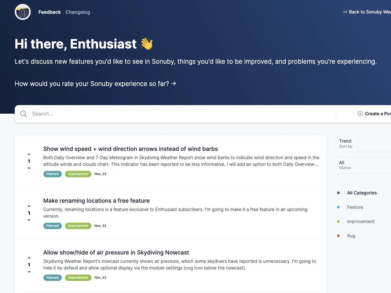A screenshot of the Sonuby feedback board.