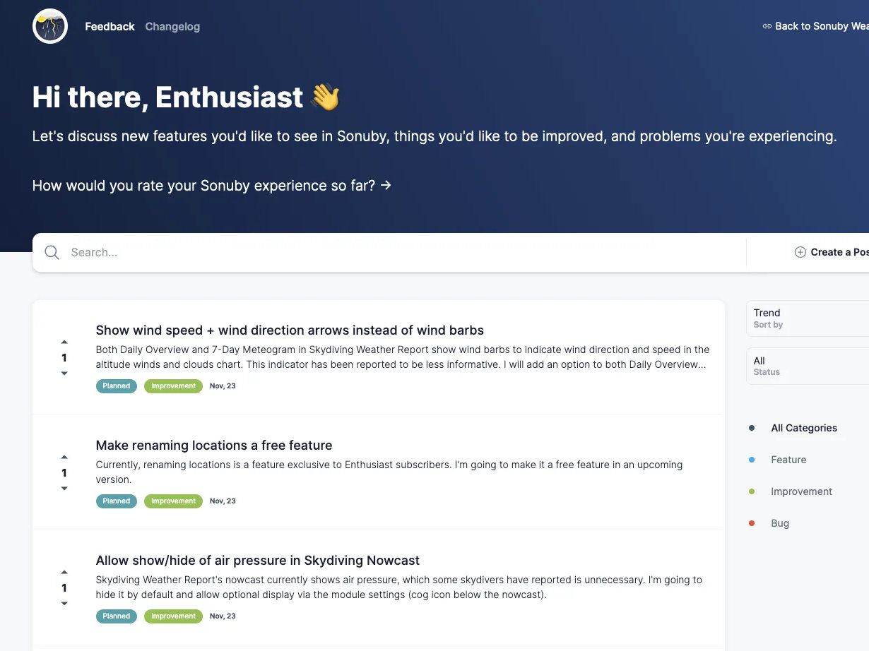 A screenshot of the Sonuby feedback board.
