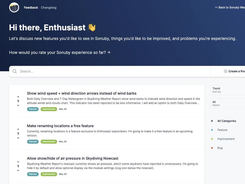 A screenshot of the Sonuby feedback board.