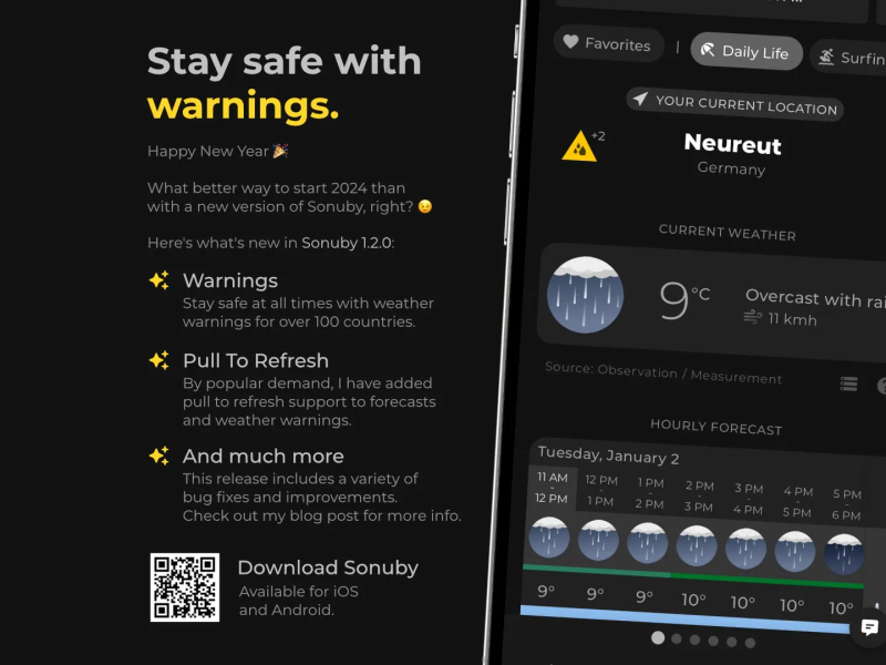 Sonuby Weather 1.2.0 update featuring 'Stay safe with warnings' tagline alongside current weather display for Neureut, Germany showing 9°C with rain and hourly forecast for January 2nd, with download QR code for iOS and Android