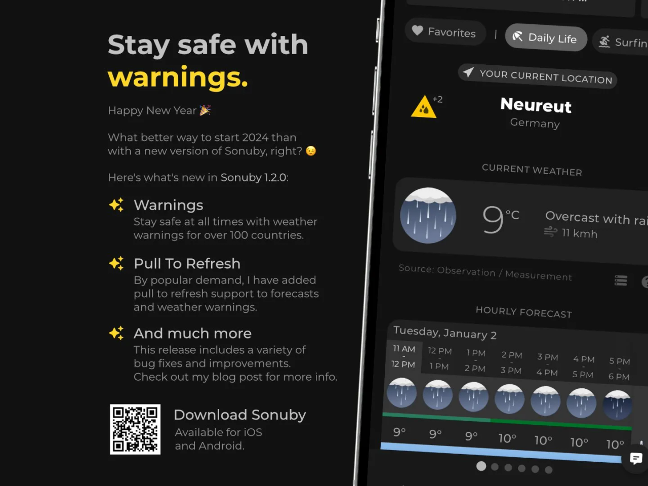 Sonuby Weather 1.2.0 update featuring 'Stay safe with warnings' tagline alongside current weather display for Neureut, Germany showing 9°C with rain and hourly forecast for January 2nd, with download QR code for iOS and Android