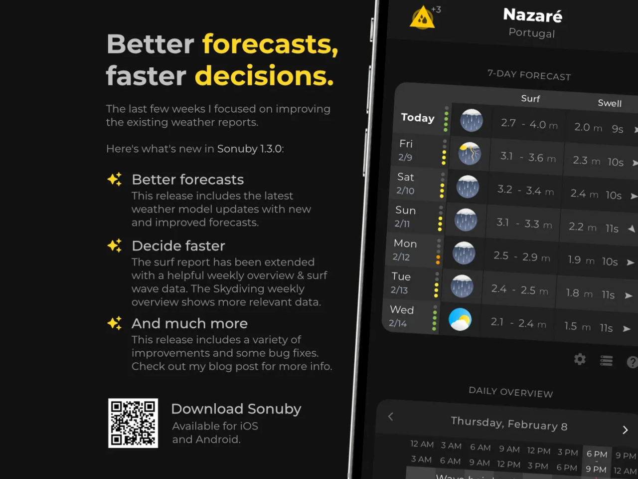 Sonuby Weather 1.3.0 update featuring 'Better forecasts, faster decisions' tagline alongside a 7-day surf forecast for Nazaré, Portugal, showing surf wave heights, swell data, and app improvements with download QR code