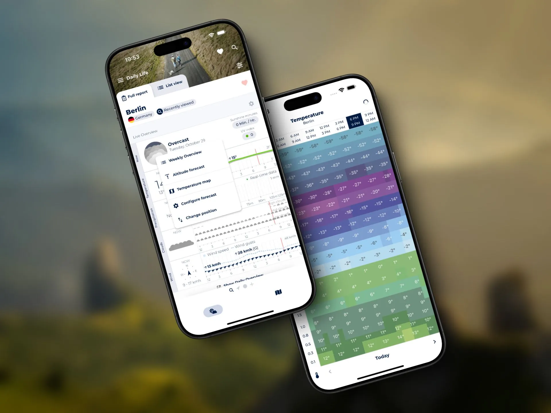 A long press on e.g. the current temperature opens a Quick Menu (left) to access related forecasts & maps.