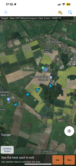 Satellite view of Fehrbellin area showing a "TAKE OFF" point for skydiving with a landing target and blue arrows indicating landing approach patterns.