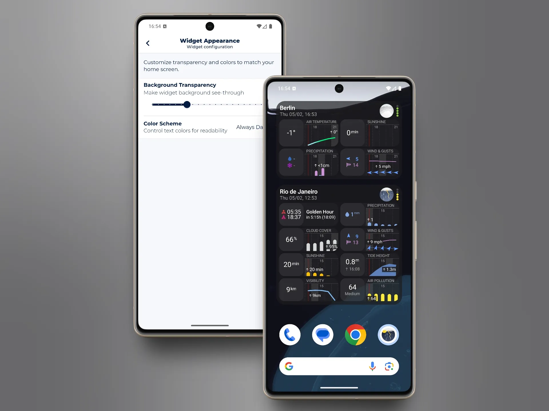 Two Android phones: left shows the Widget Appearance settings screen with transparency slider and color scheme options; right shows semi-transparent dark widgets for Berlin and Rio de Janeiro overlaying an ocean wallpaper.