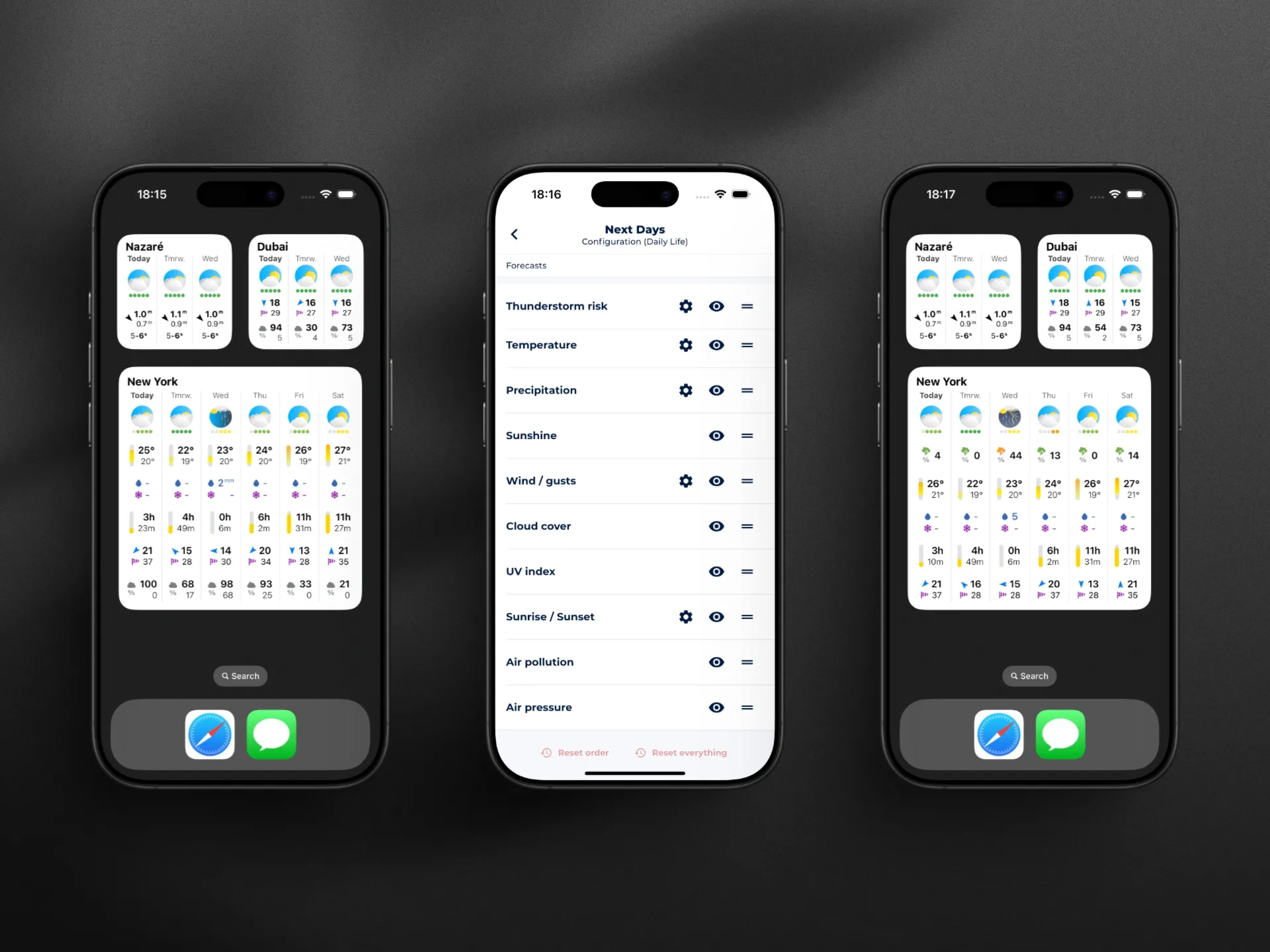 Three screenshots showing the unchanged Now & Next Hours widget on the left, the configuration screen in the middle and the configured widget on the right.