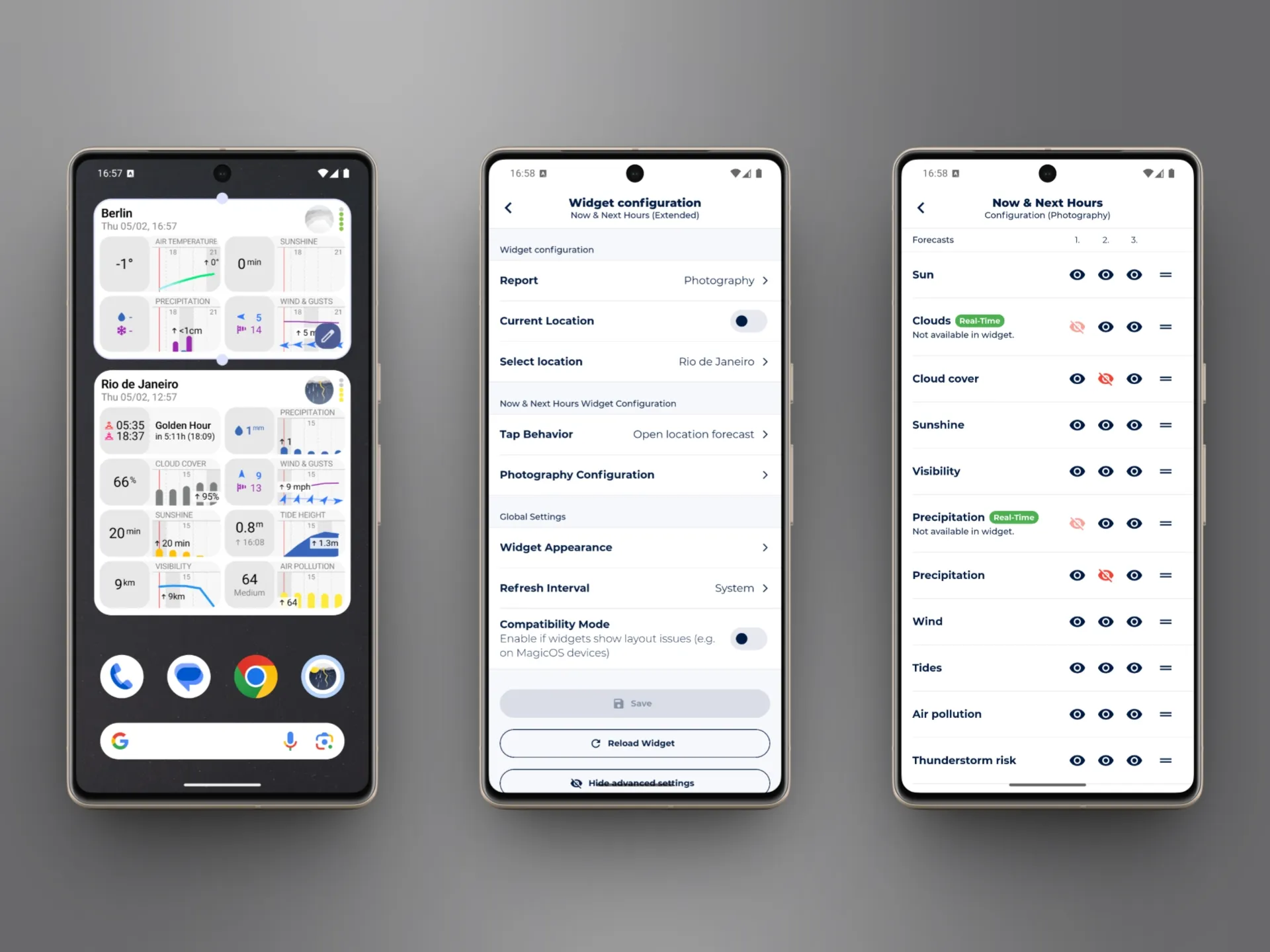 Three Android phones showing widget configuration: left displays widgets on home screen; middle shows configuration screen with report and location settings; right shows the variable toggle screen where individual forecast items can be enabled or disabled.
