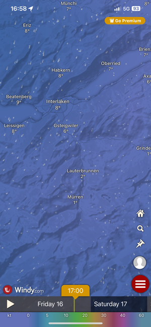 Weather map showing temperatures around Interlaken, Switzerland region, with readings between 1-9°C across various locations.