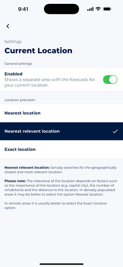 Screenshot showing Sonuby's current location settings with options to enable current location as well as how the app should determine the location.