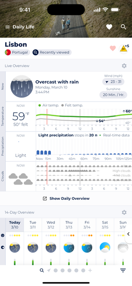 Screenshot of Sonuby's Daily Life weather report for Lisbon, Portugal showing current overcast conditions with rain at 59°F (50°F felt temperature), real-time precipitation data, cloud coverage, and a 7-day forecast with various weather conditions for the upcoming week.