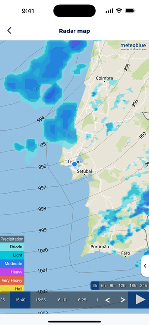 Screenshot of Sonuby's interactive radar weather map showing precipitation patterns around Portugal's coast, with color-coded intensity levels ranging from drizzle to very heavy rain, pressure isobars, and time controls for viewing forecast animations.