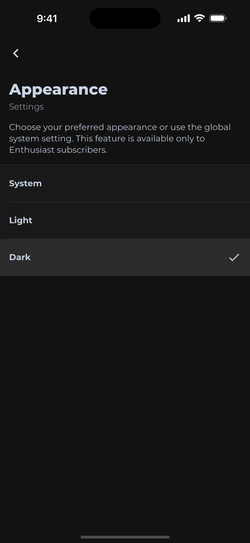 Screenshot showing Sonuby's light and dark mode settings as well as the option to adjust to the system's appearance.