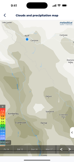 Sonuby Weather app showing clouds and precipitation map around Banff area with locations including Lake Louise, Canmore, Kimberley, Cranbrook, and Fernie. A blue precipitation indicator appears near Banff with a color-coded precipitation scale ranging from 0.01 to 1.2 inches.