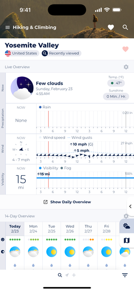 Vail Mountain live overview showing current conditions: few clouds at 5:33 AM, snow depth of 5.59 inches, temperature of 18°F (feels like 9°F), 0 minutes of sunshine, and a 14-day forecast calendar below.