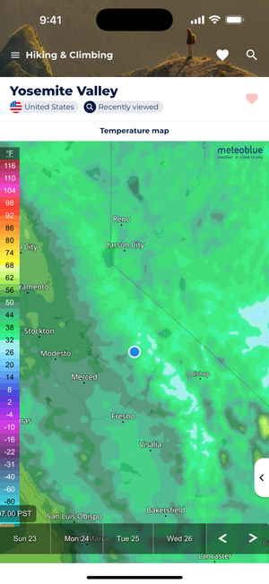 Screenshot showing a temperature map for Yosemite Valley.