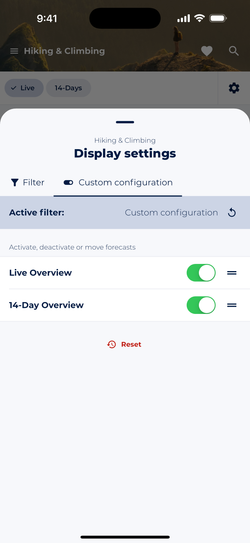 Screenshot showing Sonuby's display settings for Report and List View Mode which allow configuration of forecast module order and visibility.