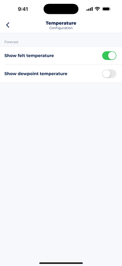 Screenshot showing Sonuby's temperature forecast settings which allow showing additional forecasts like dew point and felt temperature.