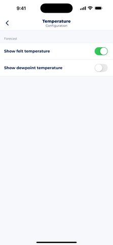 Screenshot showing Sonuby's temperature forecast settings which allow showing additional forecasts like dew point and felt temperature.