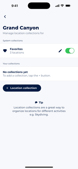 Screenshot showing Sonuby's location management screen for Grand Canyon which allows saving the location to Favorites or a custom location collection.