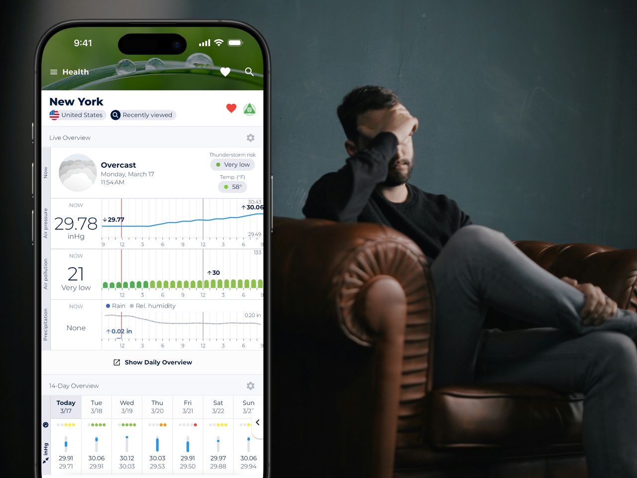 Split-screen image showing Sonuby Weather's Health Report displaying barometric pressure graphs, air pollution data, and weather forecasts on smartphone screen alongside person experiencing migraine headache discomfort, illustrating connection between weather changes and headache triggers