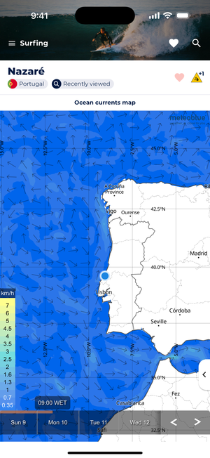 Sonuby's ocean currents map showing Nazaré, Portugal with blue ocean visualization and directional current arrows. The Meteoblue interface displays a map of the Iberian Peninsula coastline with ocean current patterns.