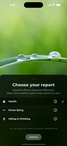 Screenshot showing Sonuby's onboarding screen with Health Report selected.