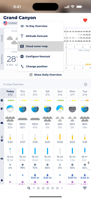 Screenshot of Sonuby Weather app showing a 14-day weather forecast for Grand Canyon. The current view displays a dropdown menu with options including 'Altitude forecast', 'Cloud cover map', 'Configure forecast', and 'Change position'. Below shows today's date (3/12) and the upcoming week's weather predictions with cloud cover percentages and precipitation forecasts.