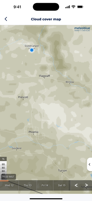 Screenshot of Sonuby Weather app showing a cloud cover map of northern Arizona. The map displays the Grand Canyon area, Flagstaff, Phoenix, and Tucson with varying cloud cover densities represented by light gray patches. A blue dot marks the Grand Canyon Village location.