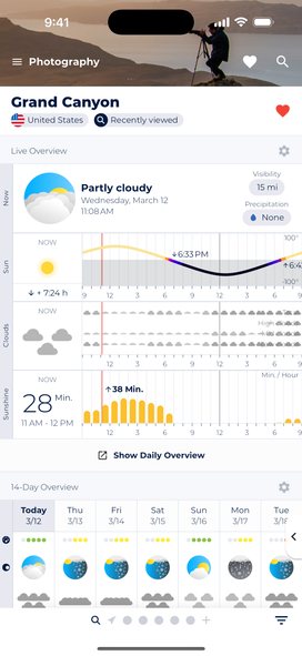 Screenshot of Sonuby Weather app's Photography Report for Grand Canyon. Current conditions show partly cloudy weather at 11:08 AM on Wednesday, March 12 with 15 miles visibility and no precipitation. The screen displays sun position charts, cloud cover forecast, and sunshine duration of 28 minutes between 11 AM and 12 PM. A 14-day forecast appears at the bottom.