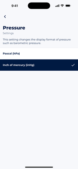 Screenshot showing Sonuby's pressure unit settings with options to switch between hPa and inHg.
