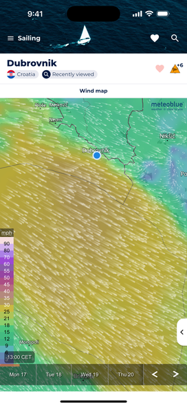 Sonuby Weather wind map for the Dubrovnik area showing wind patterns with yellow-green coloration indicating moderate wind speeds. White directional lines show wind movement, with Dubrovnik marked by a blue dot on the Croatian coast. The color scale on the left shows wind speeds in mph.