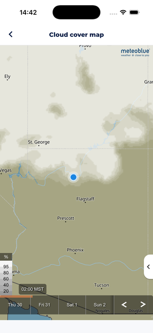 Sonuby interactive weather map displaying cloud cover patterns across different locations to find clear skies for magic hour photography