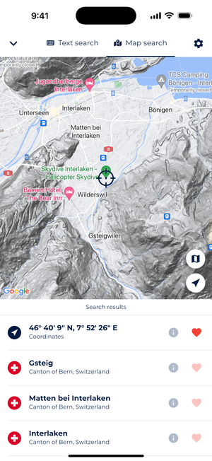 Screenshot of Sonuby Weather's Map Search showing the location of Skydive Interlaken Helicopter Skydive with coordinates and other nearby locations.