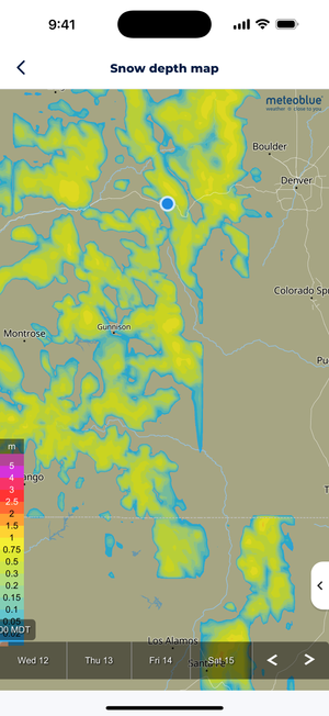 Snow depth map of Colorado showing Vail Mountain and surrounding areas with color-coded depths ranging from 0.05 to 5 meters, with Gunnison, Denver, and other cities marked.