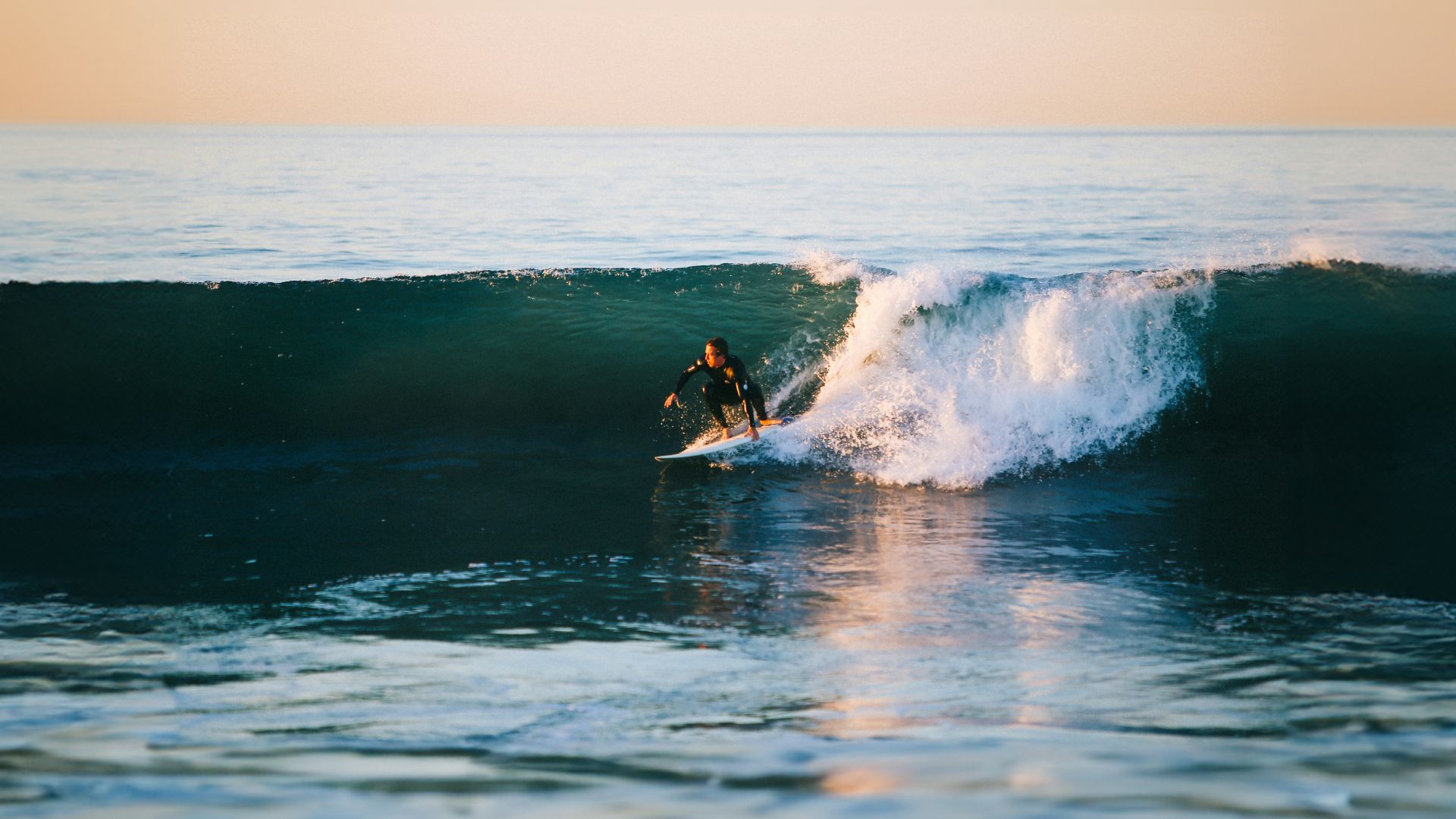 Surfer riding a wave at sunset or sunrise, with golden light illuminating the breaking wave as the surfer cuts across a dark blue-green face of the wave