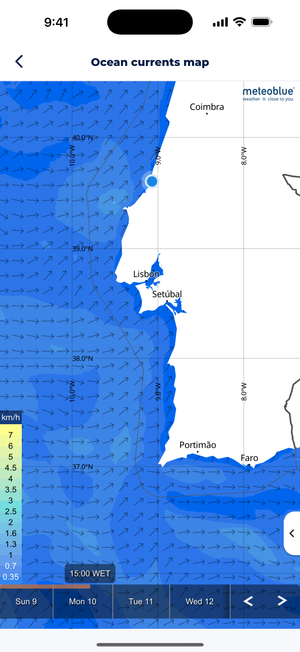 Ocean currents map showing the Portuguese coast around Lisbon, with arrows indicating current direction and a color-coded legend showing current speeds from 0.35 to 7 km/h