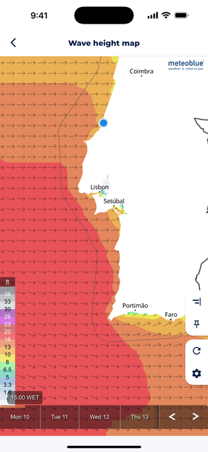 Sonuby's wave map showing swell patterns and directions around a coastal area with color-coded wave heights ranging from 1 to 10 feet, displaying small white arrows indicating swell direction and a blue location marker