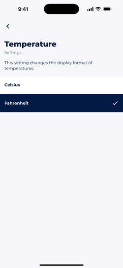 Screenshot showing Sonuby's temperature unit settings with options to switch between Celsius and Fahrenheit.